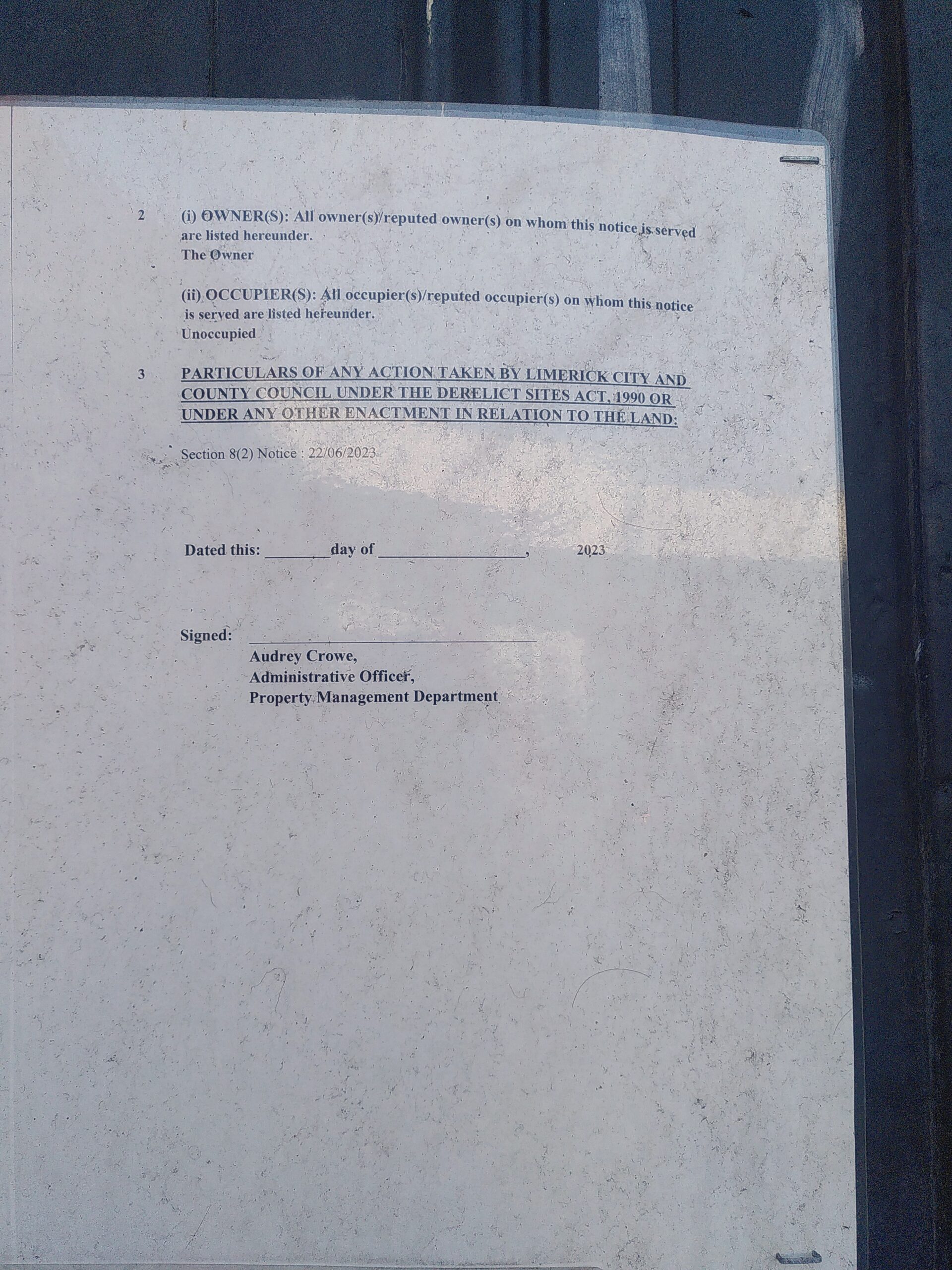 Notice of the entry of land as derelict site from LCCC (page 2/2) Official Derelict Sites Notice of Entry of Land as a Derelict Site by the Limerick City and County Council. Page 2