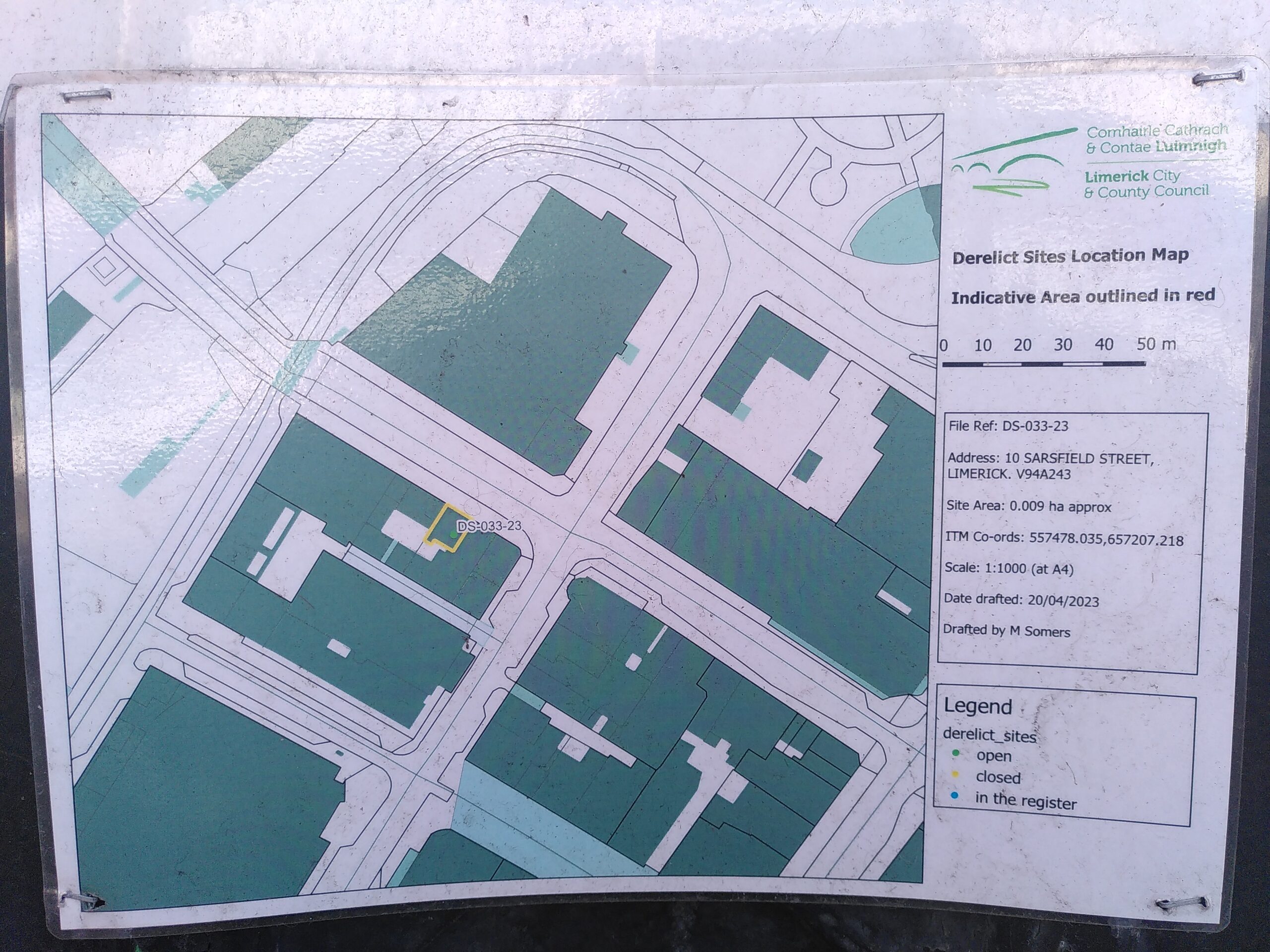 Map of the notice of the entry of land as derelict site from LCCC (Map) Map accompanying the Official Derelict Sites Notice of Entry of Land as a Derelict Site by the Limerick City and County Council. Map.