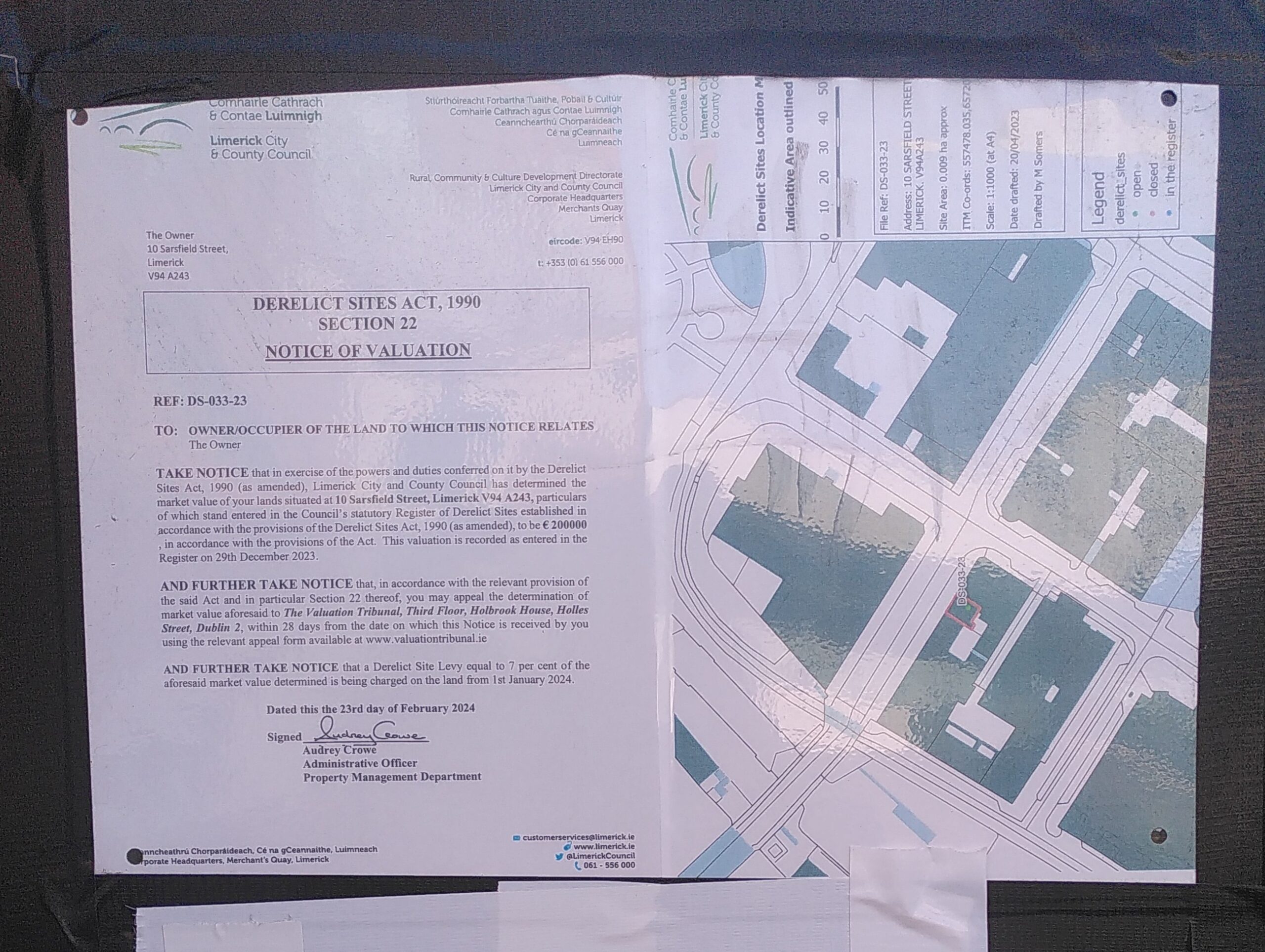 Notice of valuation of the derelict site DS-033-23 Derelict sites Notice of Valuation and map. Official notification of the valuation of the land referenced as DS-033-23 10 Sarsfield Street, Limerick. Ireland.